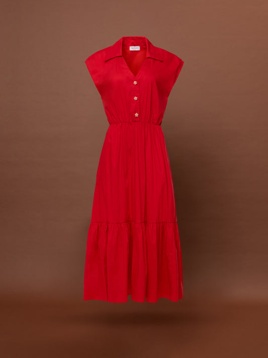 SLEEVELESS COTTON TIERED DRESS - RED