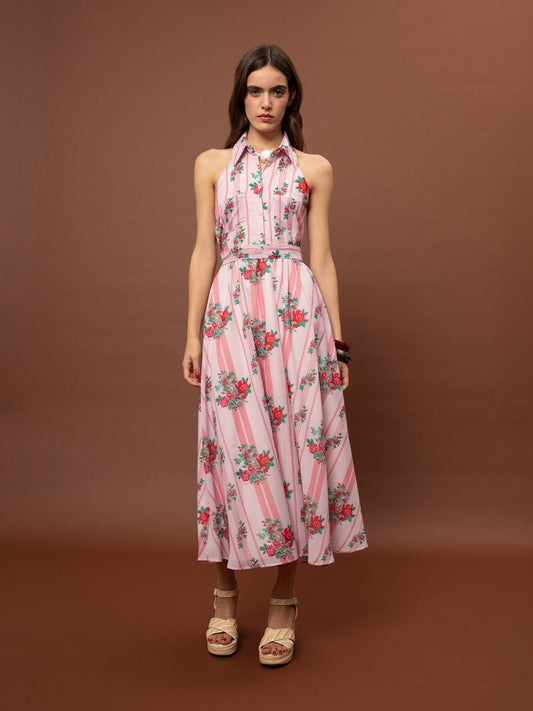 SLEEVELESS SHIRT COLLAR COTTON DRESS - STRIPES ROSES