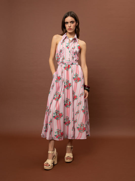 SLEEVELESS SHIRT COLLAR COTTON DRESS - STRIPES ROSES