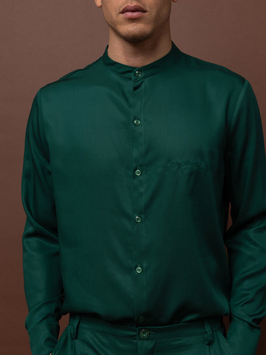 MAO COLLAR SHIRT - FOREST GREEN
