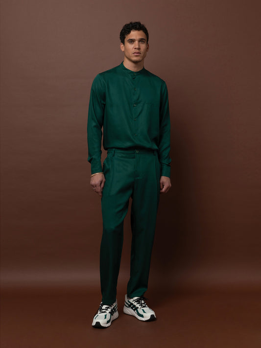 MAO COLLAR SHIRT - FOREST GREEN
