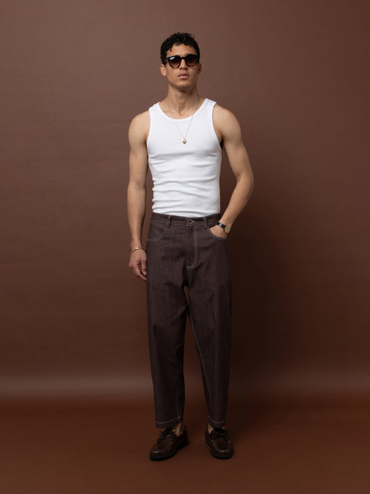 BARREL DENIM PANTS - BROWN