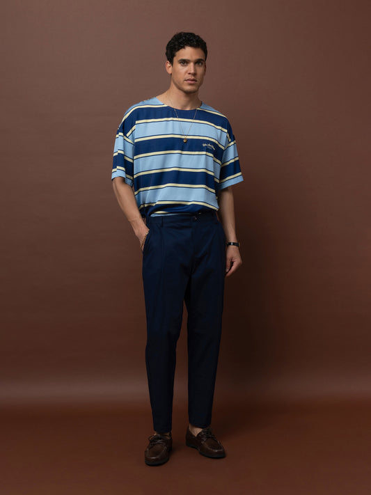 PLEATED POPLIN PANTS - NAVY BLUE