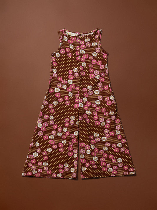 KIDS SLEEVELESS COTTON JUMPSUIT - DAISIES CHOCO