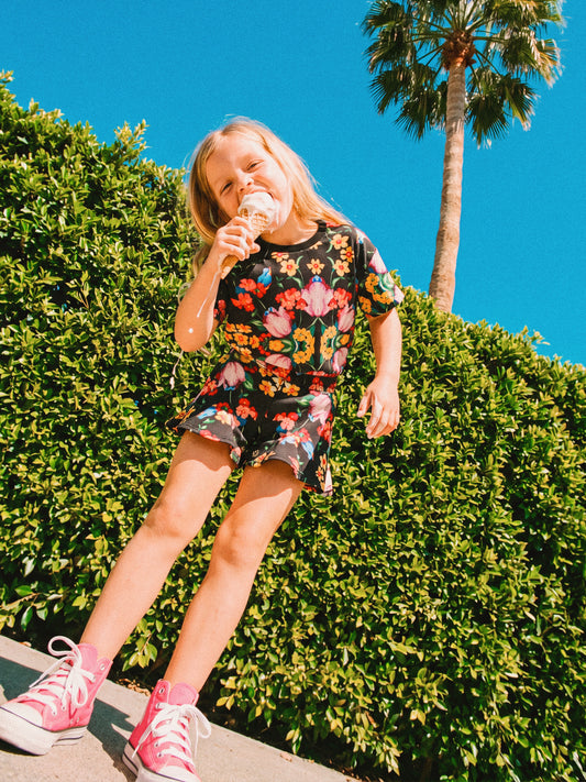 KIDS COTTON T-SHIRT - BLOSSOMS BLACK