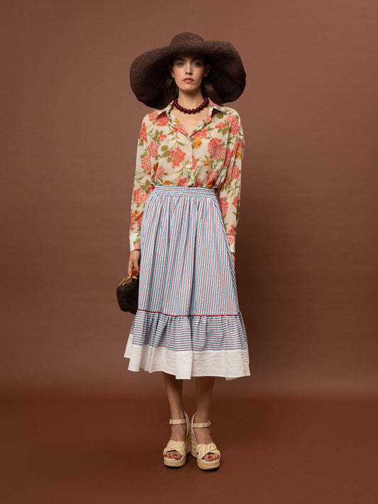 TIERED MIDI SKIRT - STRIPES BLUE
