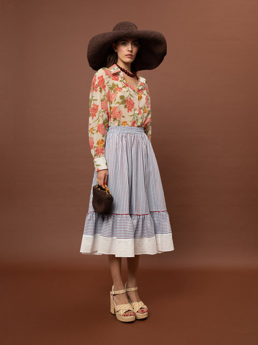 TIERED MIDI SKIRT - STRIPES BLUE