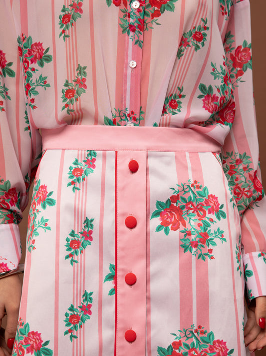 BUTTON MINI SKIRT - STRIPES ROSES