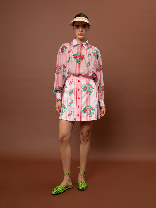 BUTTON MINI SKIRT - STRIPES ROSES