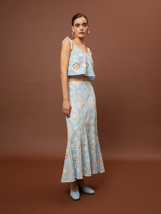 TIERED BRODERIE MAXI SKIRT - LIGHT BLUE