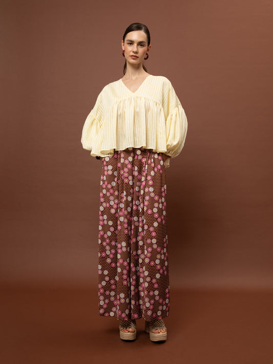 WIDE-LEG PLEATED SATIN PANTS - DAISIES CHOCO