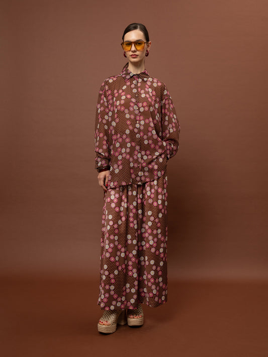 WIDE-LEG PLEATED SATIN PANTS - DAISIES CHOCO