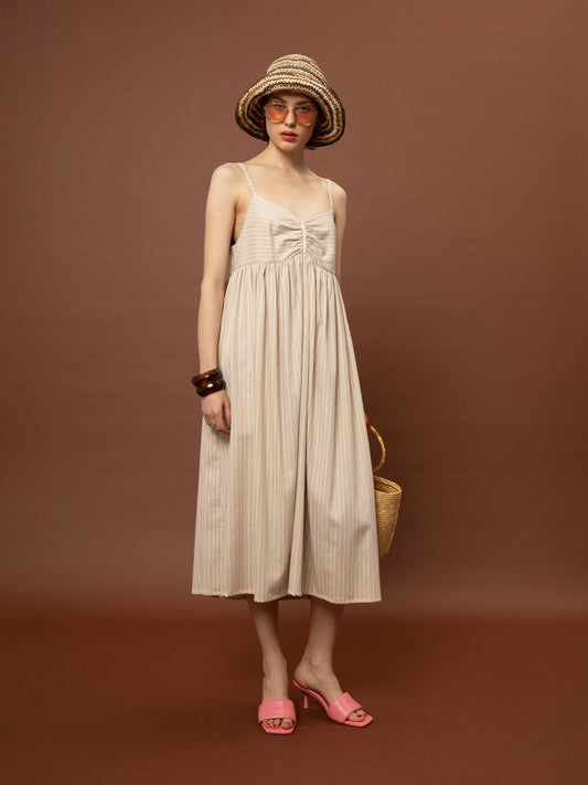 SWEETHEART TIERED DRESS - STRIPES BEIGE
