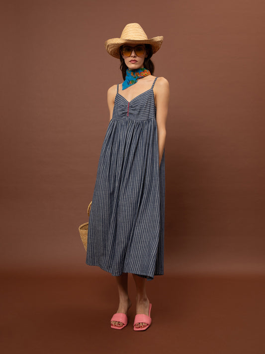 SWEETHEART TIERED DRESS - STRIPES BLUE
