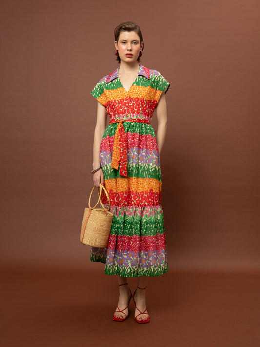 SLEEVELESS COTTON TIERED DRESS - GARDEN