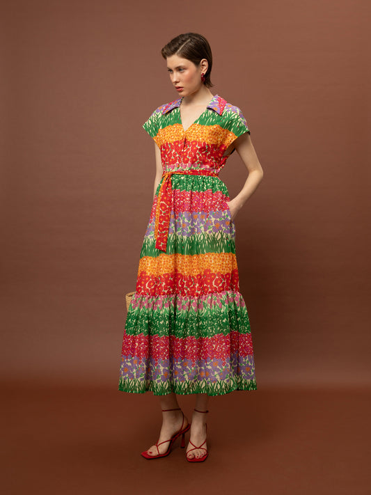 SLEEVELESS COTTON TIERED DRESS - GARDEN