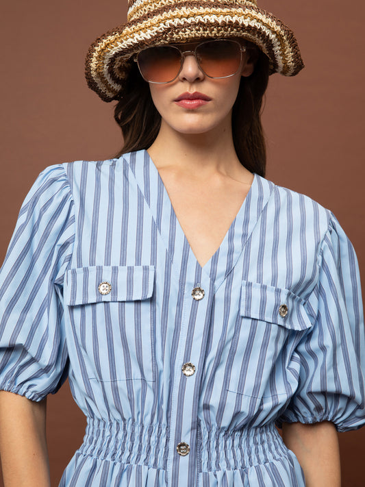 POPLIN MINI DRESS - STRIPES LIGHT BLUE