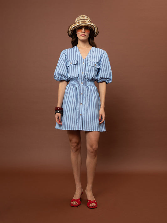 POPLIN MINI DRESS - STRIPES LIGHT BLUE