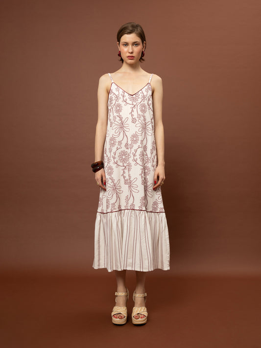 TIERED JACQUARD DRESS - WHITE & RED