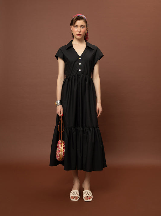 SLEEVELESS COTTON TIERED DRESS - BLACK