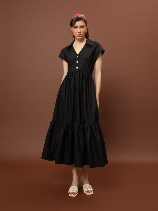 SLEEVELESS COTTON TIERED DRESS - BLACK