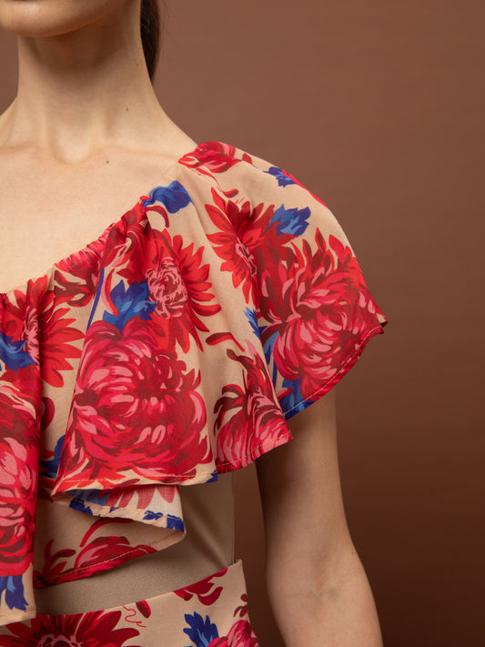 ONE-SHOULDER RUFFLED BODYSUIT - CHRYSANTHEMA BEIGE