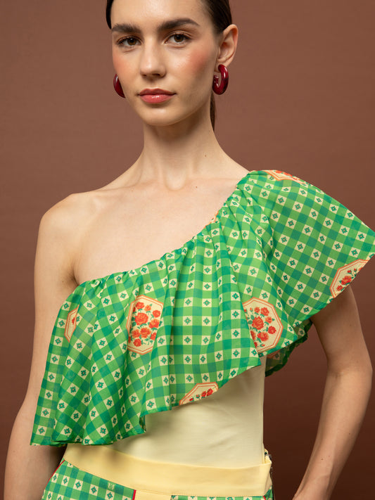 ONE-SHOULDER RUFFLED BODYSUIT - PICNIC GREEN