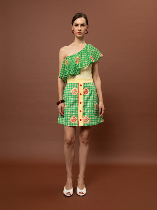 ONE-SHOULDER RUFFLED BODYSUIT - PICNIC GREEN
