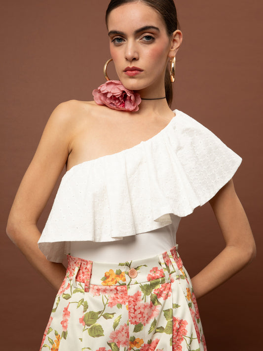 ONE-SHOULDER RUFFLED BODYSUIT - WHITE