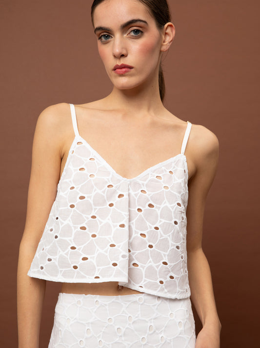 FLARED BRODERIE TOP - WHITE