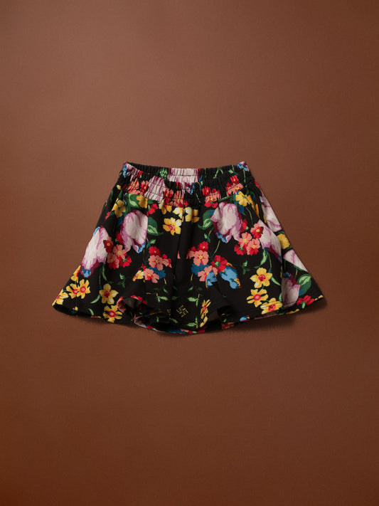 KIDS FLARED FUTTER SHORTS - BLOSSOMS BLACK